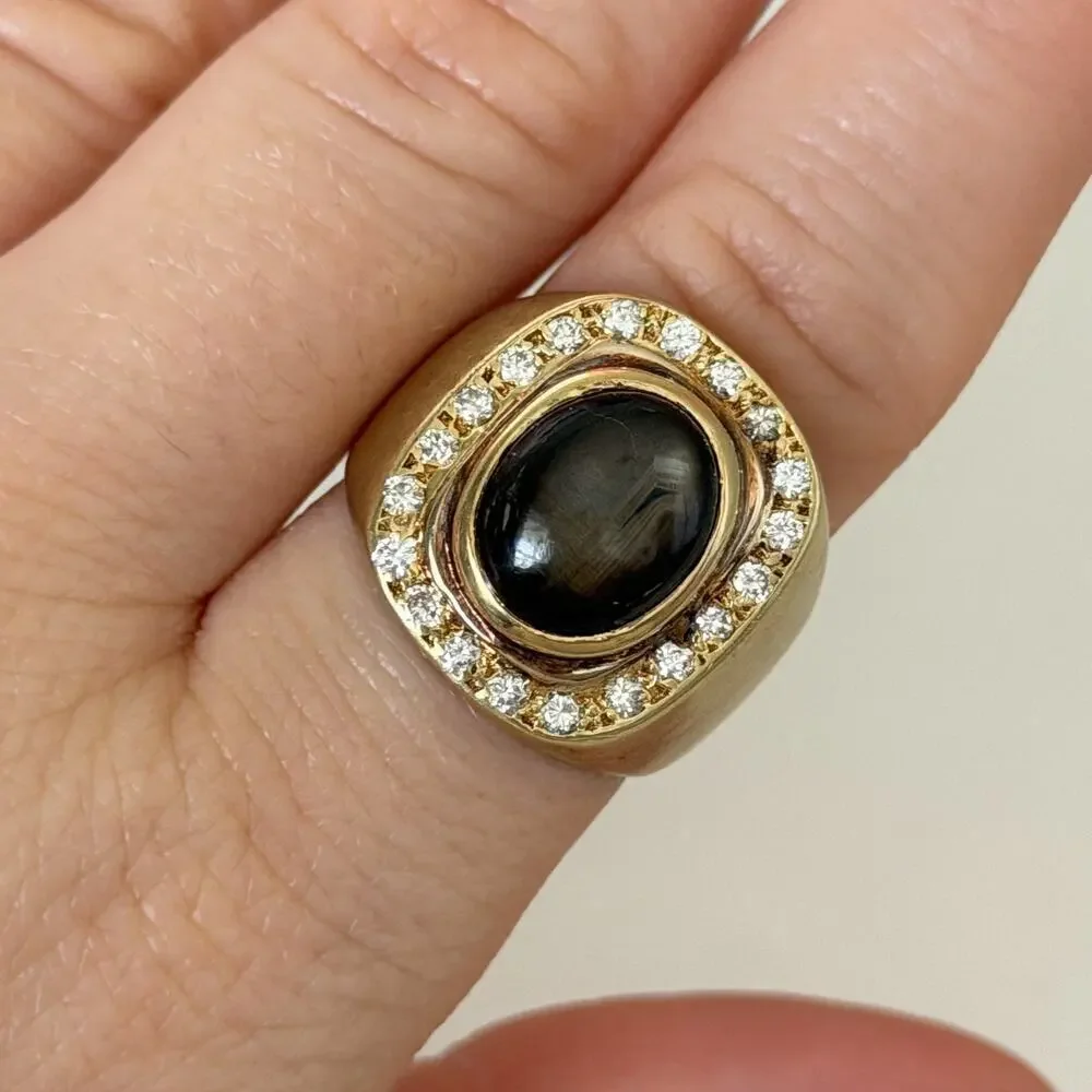 Vintage 14K Yellow Gold West Germany Smoky Cabochon Diamond Chunky Ring Sz 7.25